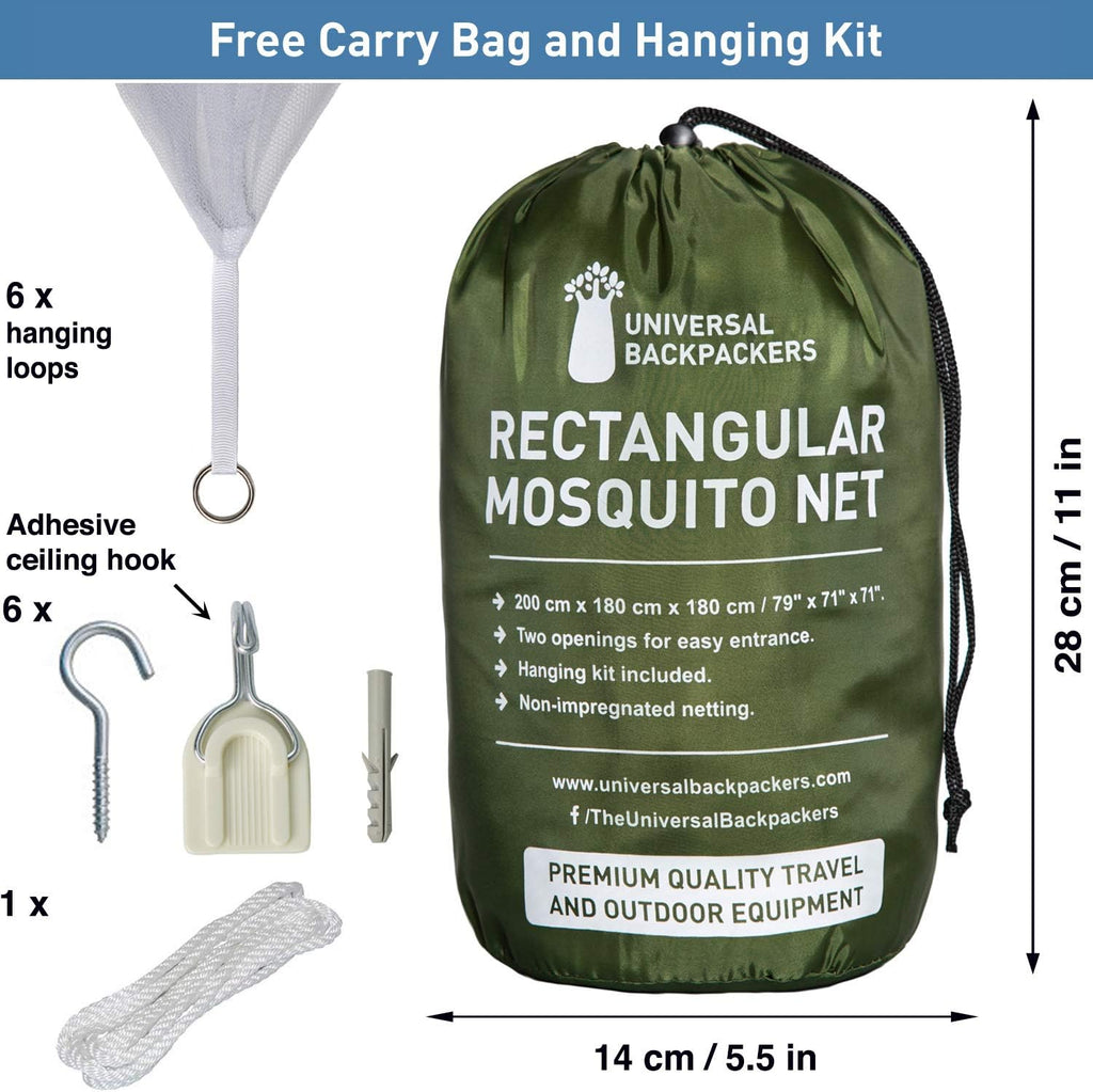 Mosquito Net for Single to King-Sized Beds – 2 Side Openings & 6 Hanging Loops – Decorative Rectangular Shape for Home & Travel – Bed Canopy Hanging Kit & Carrying Bag Included