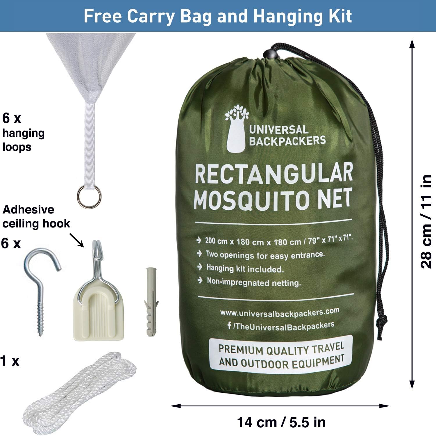 Mosquito Net for Single to King-Sized Beds – 2 Side Openings & 6 Hanging Loops – Decorative Rectangular Shape for Home & Travel – Bed Canopy Hanging Kit & Carrying Bag Included
