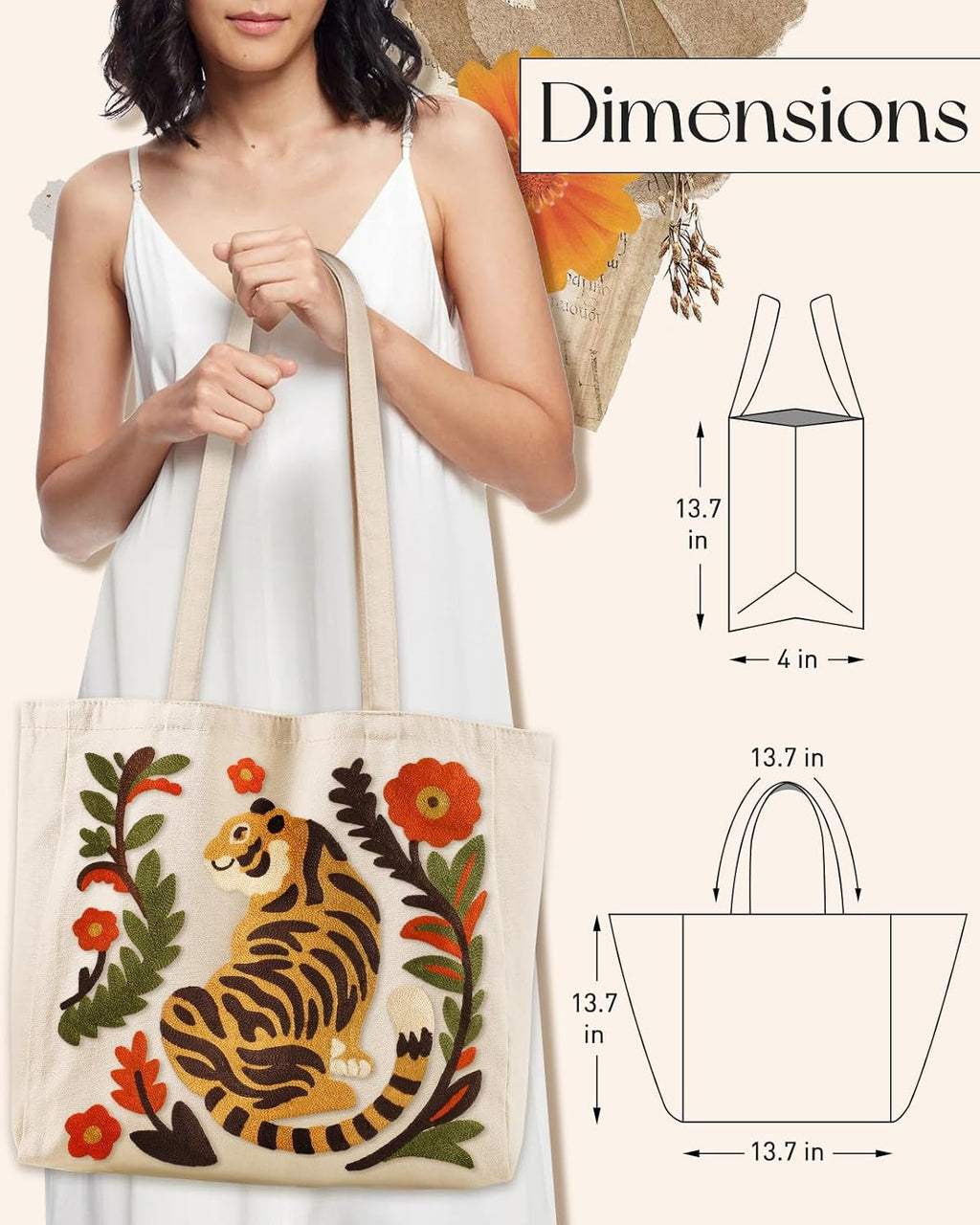 Miss Adola Embroidery Canvas Tote Bag for Women - Reusable Totes with Pocket & Buckle Aesthetic Cute Grocery Shoulder Bag