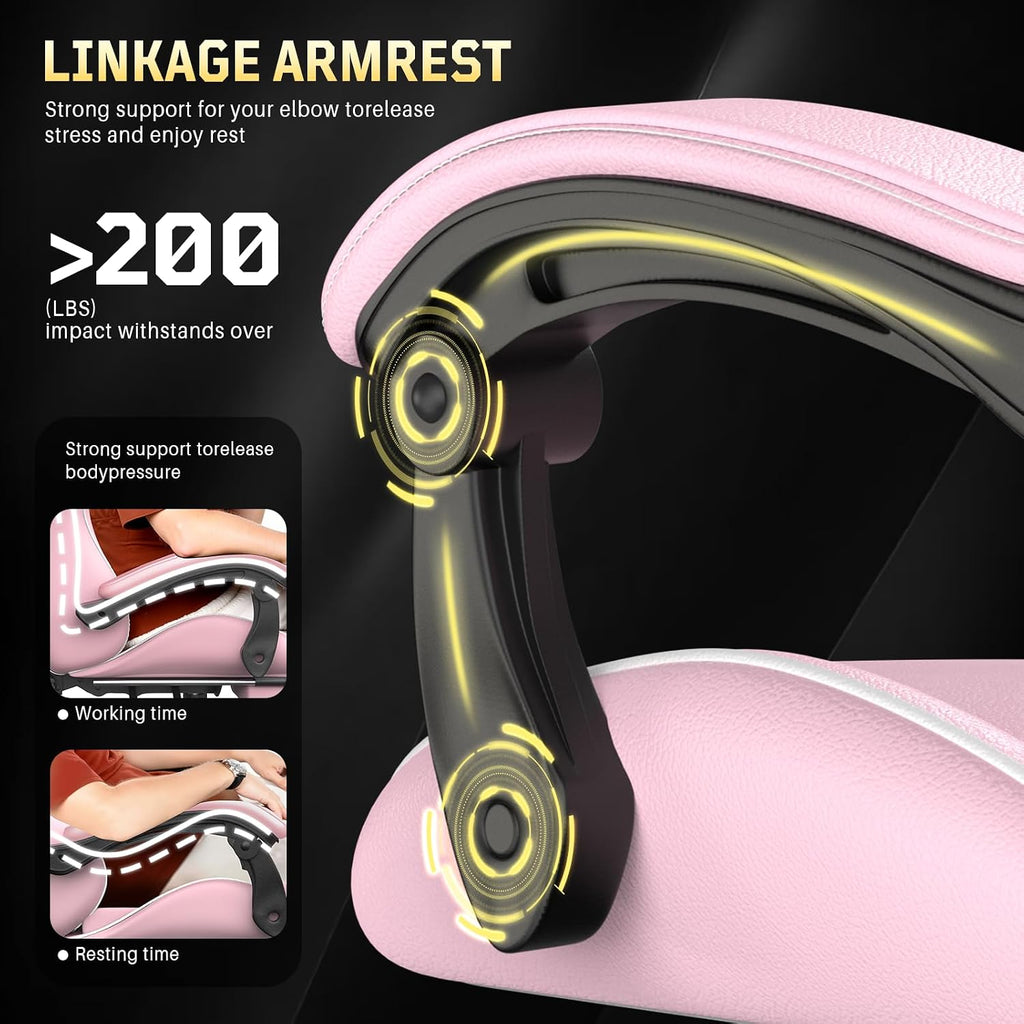 Bigzzia Gaming Chair, Ergonomic Video Game Chairs with Pillow and Lumbar Support, Racing Style Height Adjustable Computer Chair with 360°-Swivel Seat for Adults and Teens (Pink)