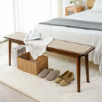 Entryway Bench, Solid Wood Kitchen Dining Bench, Mid Century Modern End of Bed Bench with Rattan Woven Top for Bedroom, Dining Room, Entry Way, 39.37" L x 11.2" W x 17.7" H, Walnut