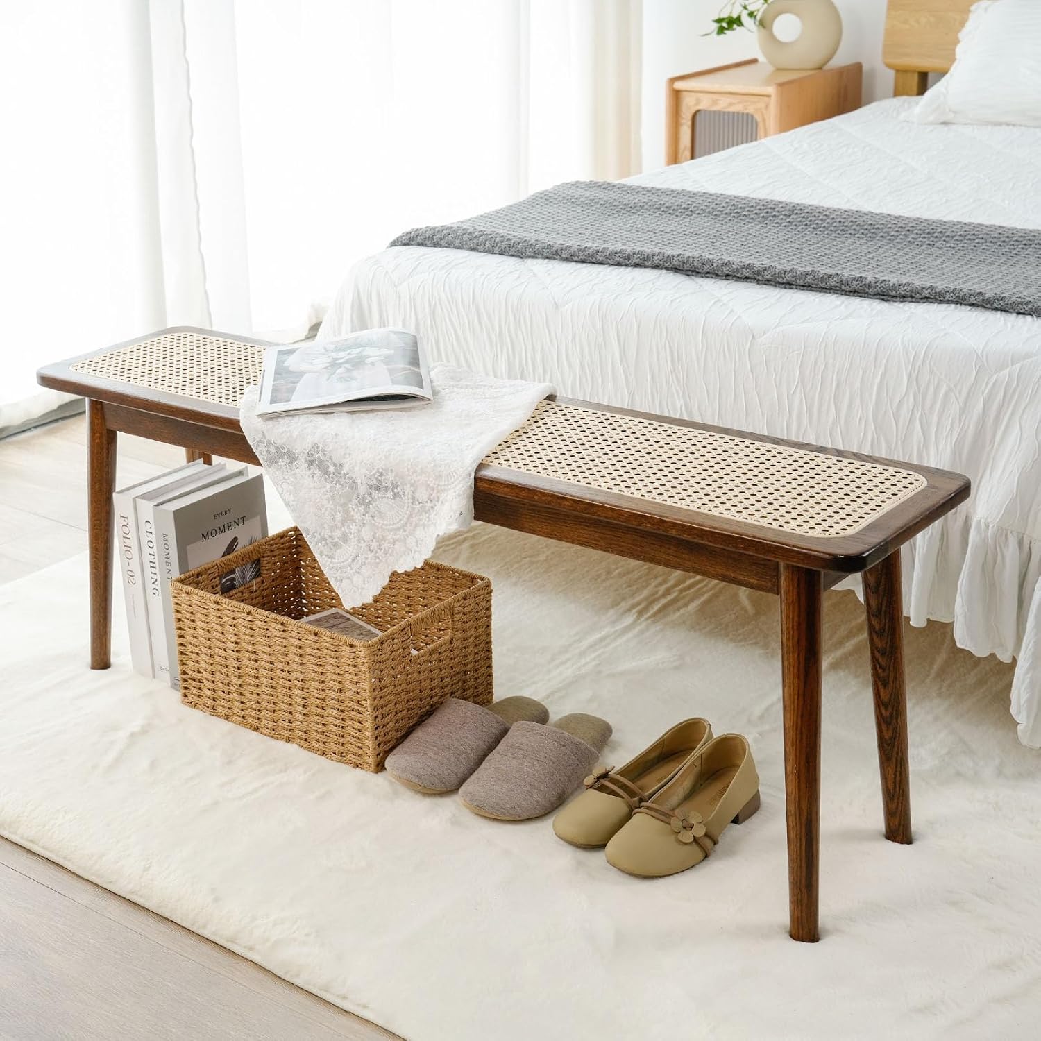 Entryway Bench, Solid Wood Kitchen Dining Bench, Mid Century Modern End of Bed Bench with Rattan Woven Top for Bedroom, Dining Room, Entry Way, 39.37" L x 11.2" W x 17.7" H, Walnut