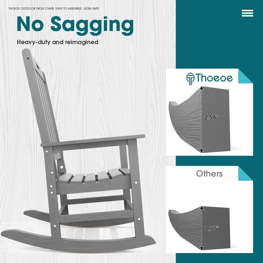 THOEOE Outdoor Rocking Chairs, Oversized Patio Rocking Chair | HDPE Outdoor Rockers for Front Porch, Patio, Backyard, Balcony and Garden. All-Weather High Back Design, Gray