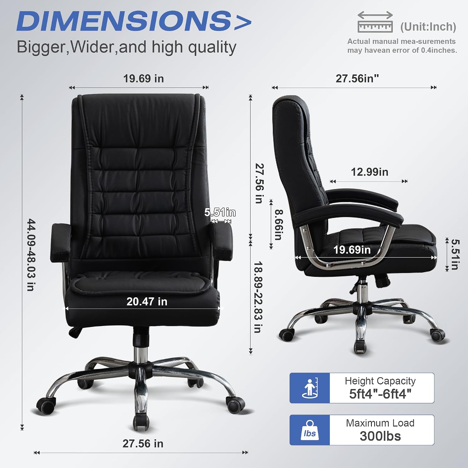Executive Office Chair Adjustable Leather Chair, High Back Swivel Office Desk Chair with Padded, Armrest 350lbs Load-Bearing Spring Seat Computer Desk Chair for Home Office, Black