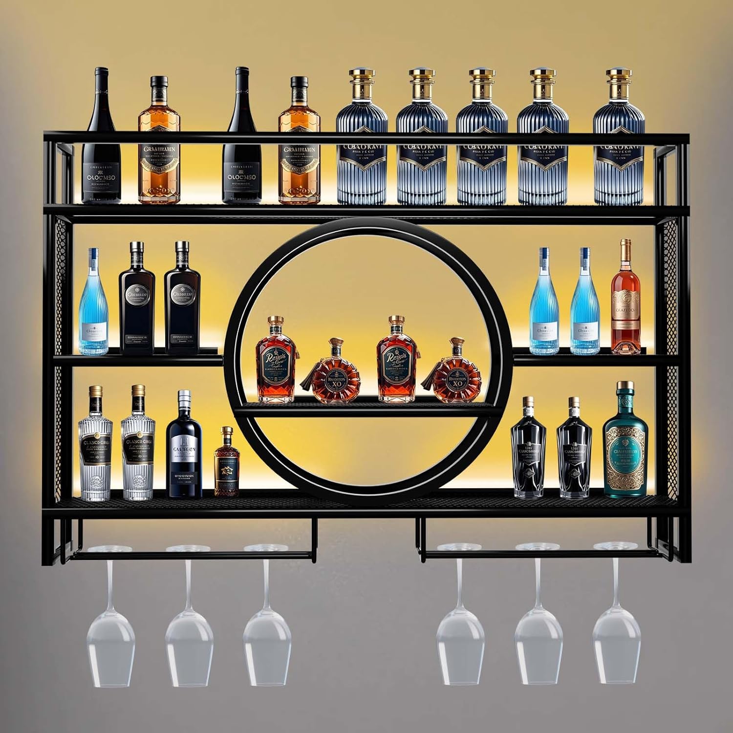 Metal Wine Rack Wall Mounted with LED Light, 3-Tier Bar Liquor Shelf with Wine Glass Holder, Modern Large Capacity Liquor Bottle Display Storage Shelf for Home Bar, Dining Room (Black, 100*80*15)