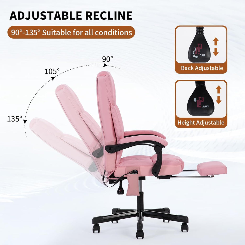 Massage Office Chair with Heat 6 Vibration Points,High Back & Heat, Executive Desk Chair,Big and Tall Office Chair 400lbs, Comfortable Ergonomic Reclining Managerial Chair, PU Leather Pink