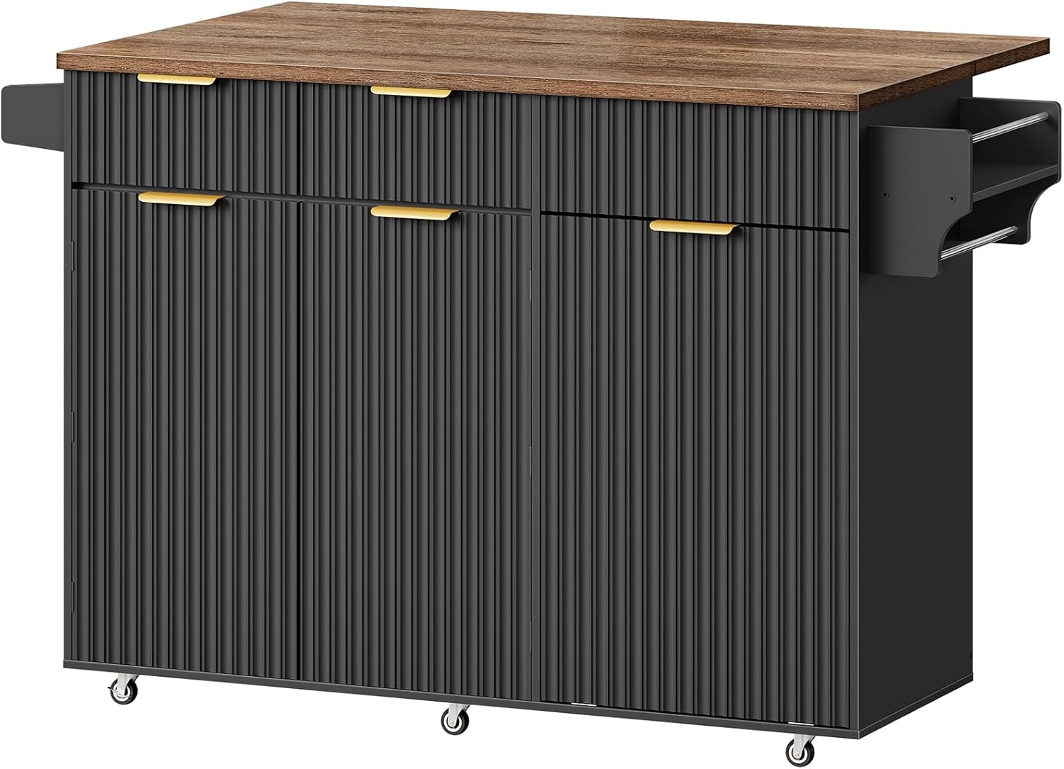 CHOEZON Mobile Kitchen Island with Folding Drop Leaf Countertop, Rolling Kitchen Island Cart with Trash Can Storage, Drawers, Adjustable Shelf, Spice Rack, Towel Bar, for Kitchen, Black and Walnut