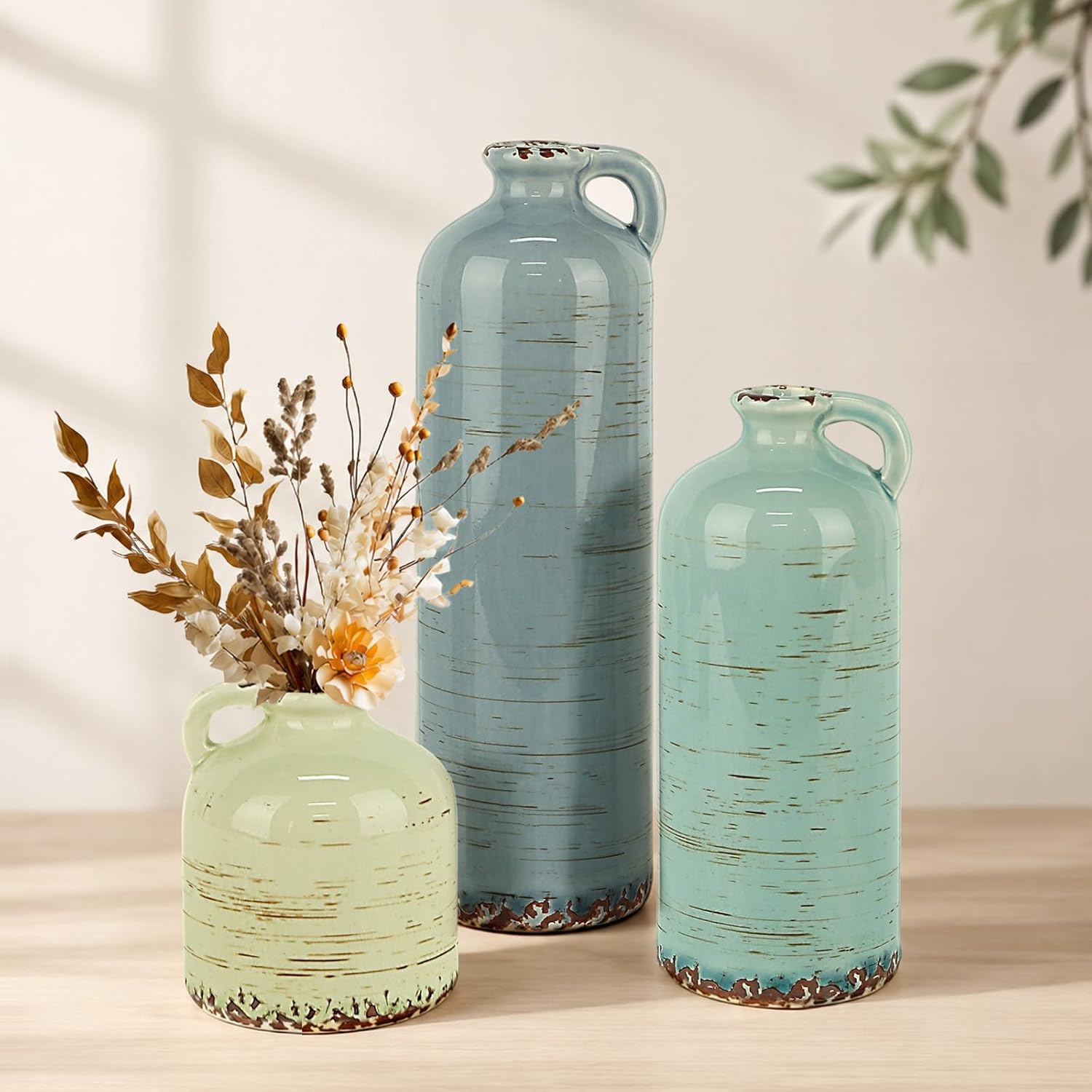 TBWIND Ceramic Vases Set of 3, Neutral Rustic Flower Vases with Handle for Modern Farmhouse Home Decor, Small Decorative Vases for Table Bookshelf Mantel Kitchen Living Room Bedroom - Morandi