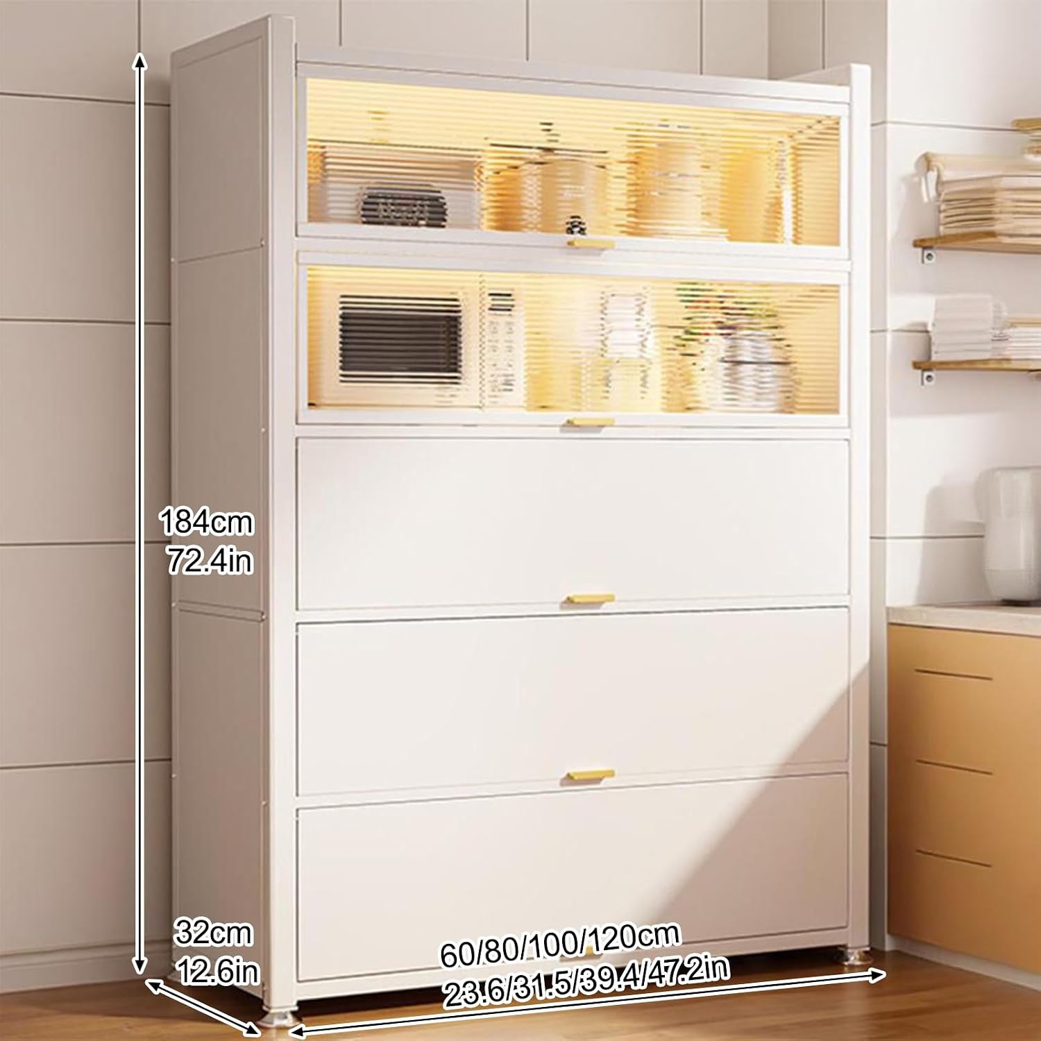 Tall Storage Cabinet with Glass Doors, Kitchen Pantry Cabinet Adjustable Shelves, Hutch Cabinet with Storage, for Dining Room Living Room Furniture(Gray,184x60cm/72.4x23.6in)