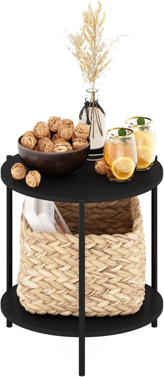 Furinno Besi 2-Tier Wide Round Side Table with Metal Legs, Metal Black End Table, Night Stand, Bedside Table with Open Shelf, for Living Room, Bedroom, Dark Americano