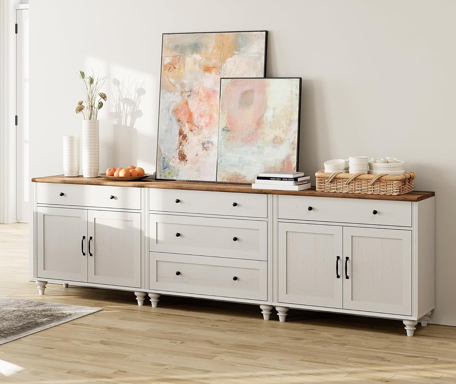 WAMAPT Large Buffet Cabinets with Wood Doors, Kitchen Storage Cabinets, Wooden Coffee Bar Tables with Vintage Gourd Leg, Sideboard Credenza Table for Dining Room, Living Room, Antique White
