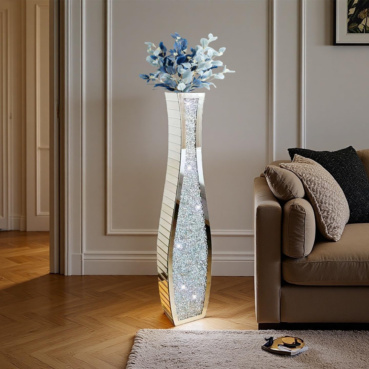 36" Extra Tall Double Sided Crushed Diamond Vases, Mirrored Silver Vase,Floor Vases Decorative Tall, Large Decorative Vase for Home,Office,Hotel Decor(7.72" L x4.33 W x 36" H)