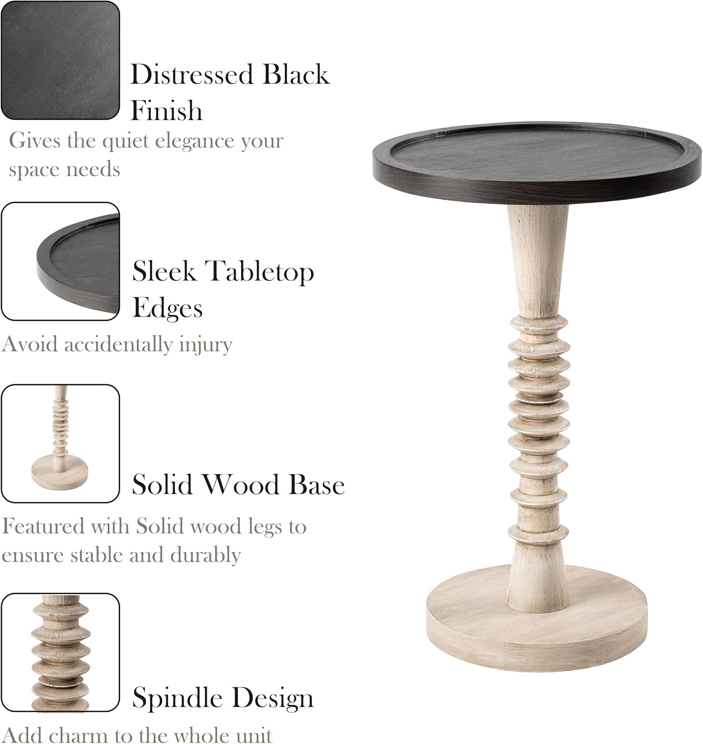 Pedestal Small Drinking Table, Farmhouse Tray Top End Table, Black Top, Distressed Finish, Aging White Frame