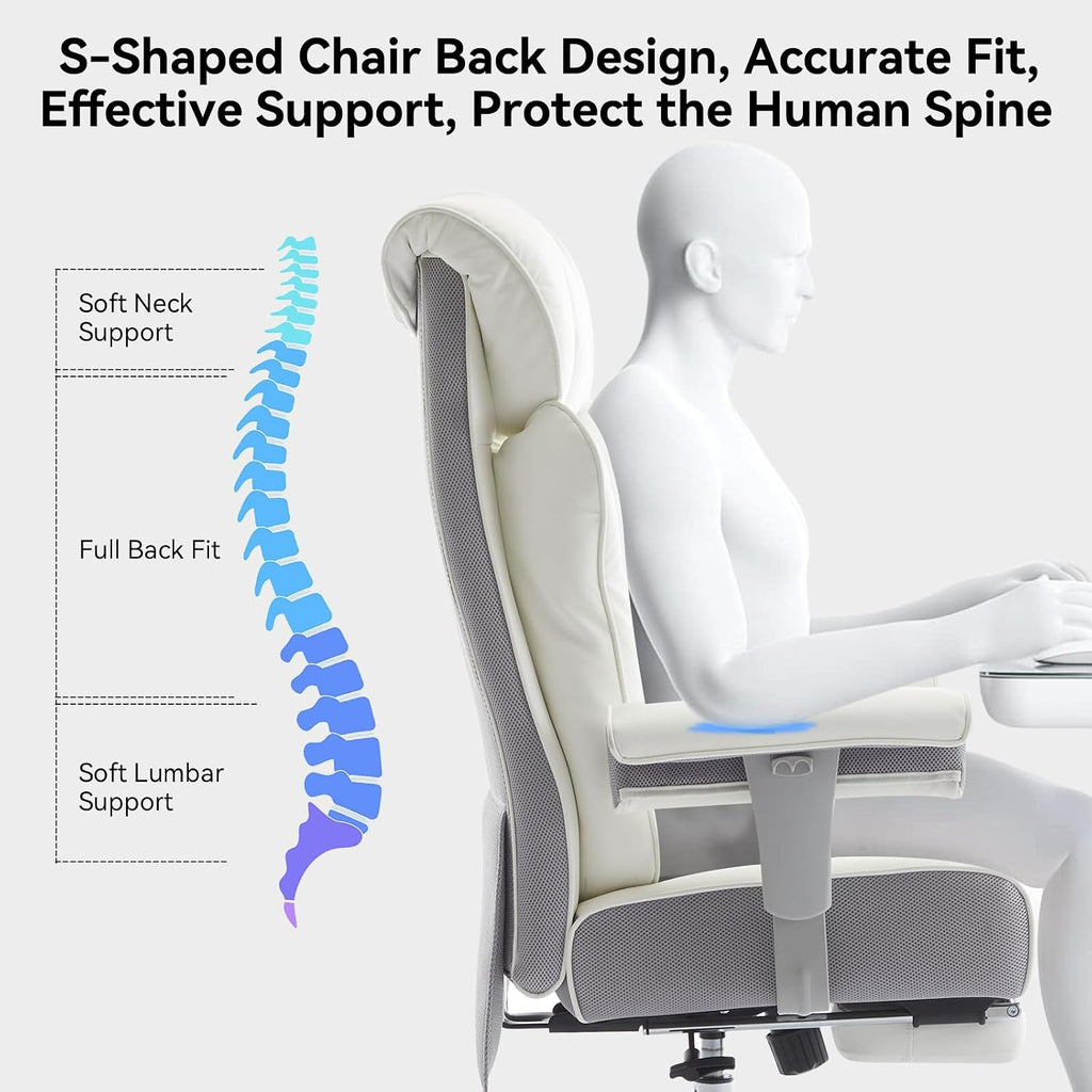 Efomao Big and Tall Executive Office Chair 400lbs - White Desk Chair for Women with Footrest, 24" Wide Ergonomic Pocket Spring Cushion Seat, Heavy Duty Computer Chair for Home Office, Gaming