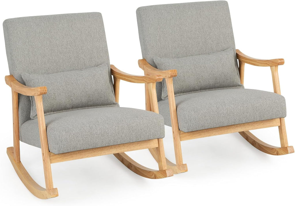 GOFLAME Nursery Rocking Chair Set of 2, Upholstered Rocker Glider Chair with Lumbar Pillow, High Backrest & Padded Seat Cushion, Accent Armchair with Rubber Wood Frame for Living Room, Bedroom, Grey