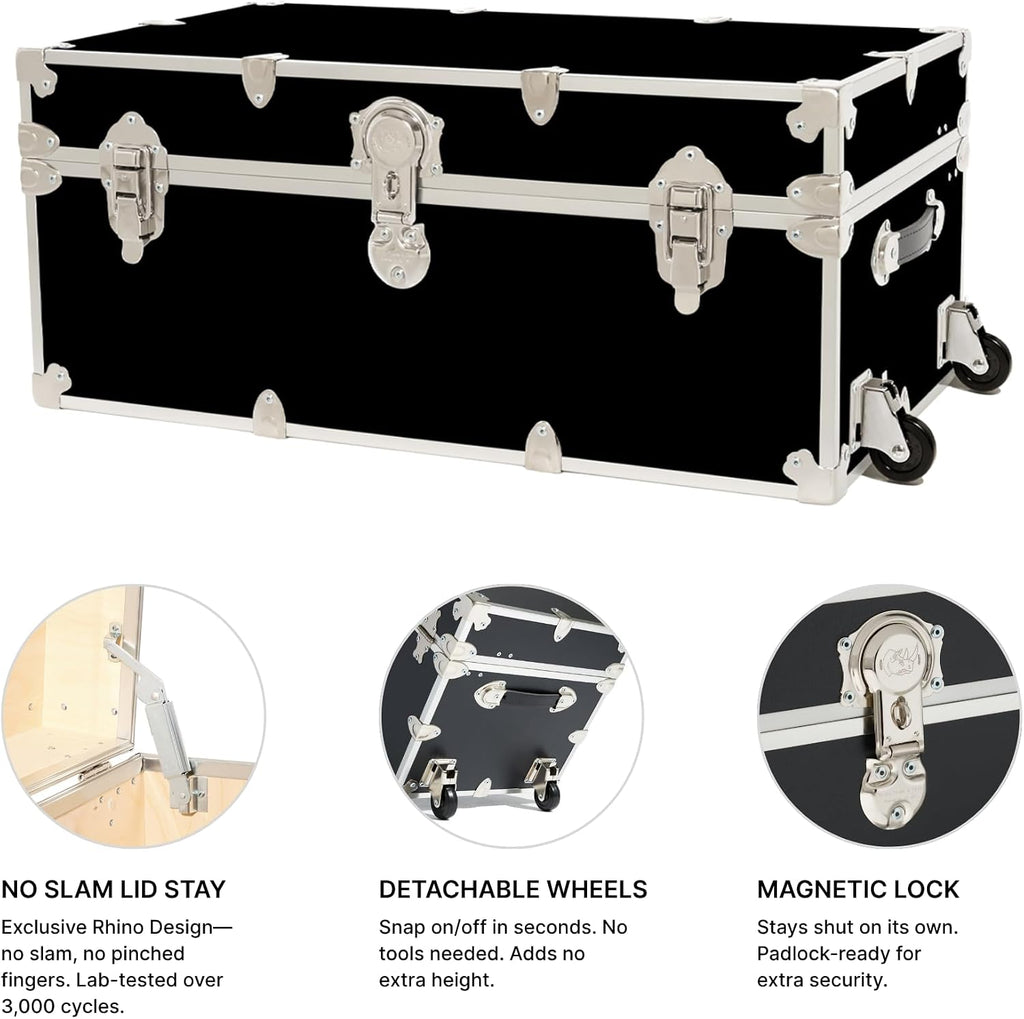 Rhino Trunk & Case Classic XXL Home Storage & College Trunk With Wheels - 36”x18”x18”, Seats 1500+ lbs, Soft-Close Lid. USA Made Secure Dorm Furniture, Organization, Steamer Style Blanket Chest