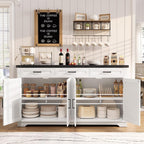 TEENFON 61" Farmhouse Buffet Cabinet with 2 Adjustable Shelves, Sideboard with 3 Drawers & 4 Doors, Rustic Storage Cabinet for Kitchen, Entryway, Coffee Bar, White