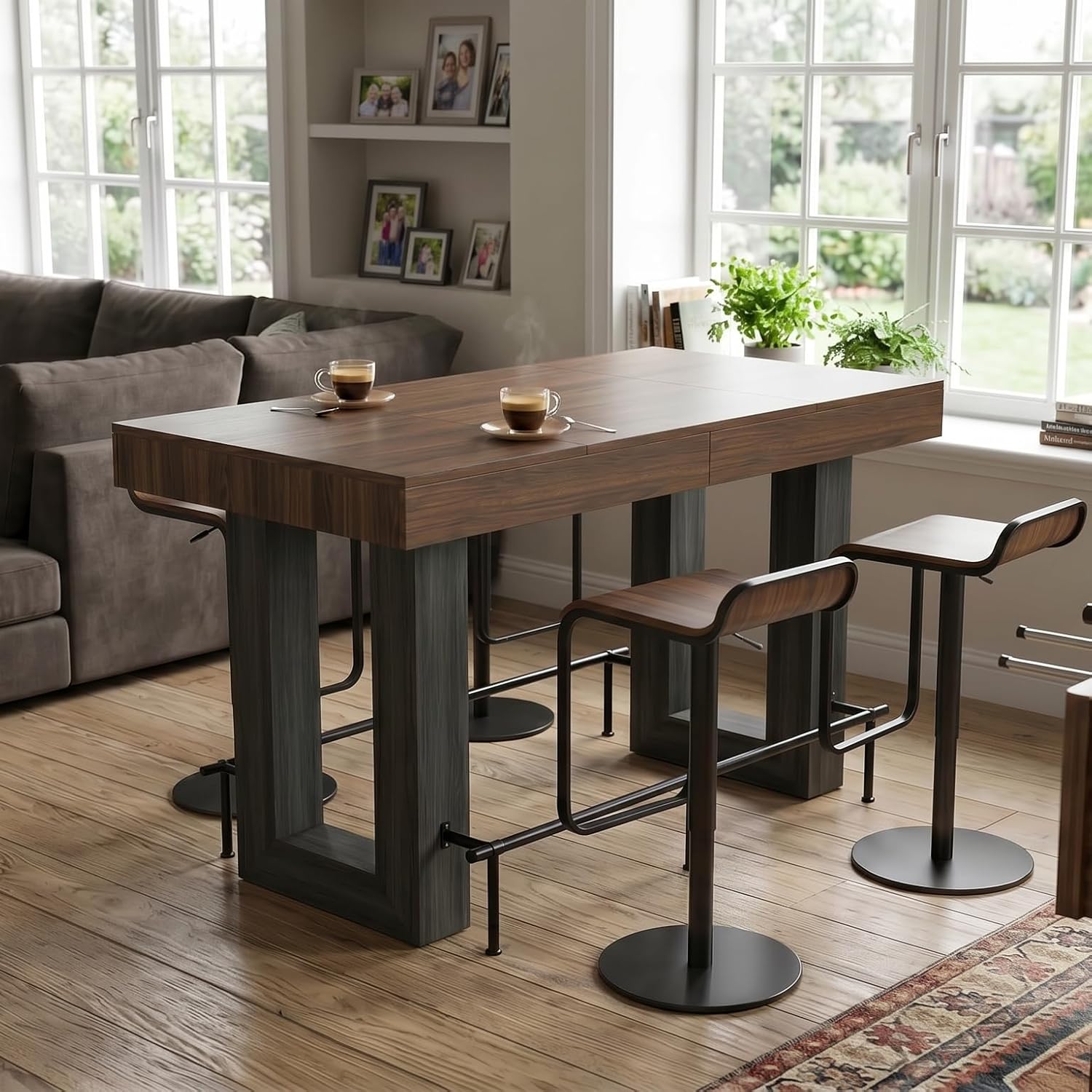 Miereirl 62.99 Inch Counter Height Table，Bar Counter Height Dining Table，Bar Table with Metal Footrest ，for Kitchen, Living Room, Bar， Seats 4-6 People, Brown&Black