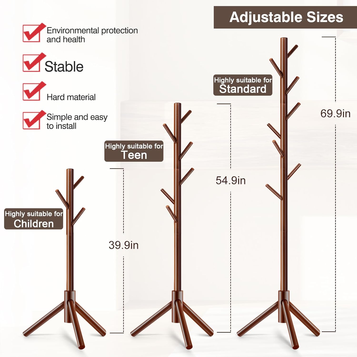 WANGMUXIA 2 PCS Coat Rack, Freestanding Coat Rack with 8 Hooks and 3 Adjustable Size Tree Coat Racks for Bedroom, Hallway, Entrance, Office, for Hats, Coats, Scarves, Handbags
