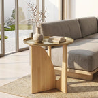 ACEDÉCOR Round Side Table, Solid Wood End Table with Brushed Gold Metal Tray Top, Modern Side Table for Living Room Bedroom Small Space