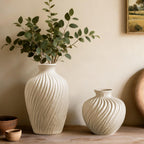 White Ceramic Vase Set of 2 - Modern Flower Vases for Home Decor - Rustic Textured White Vase for Living Room Decor - 8.65×5.5 & 5.5×5.5 Inch Round Vases for Dining Table Centerpiece Decoration