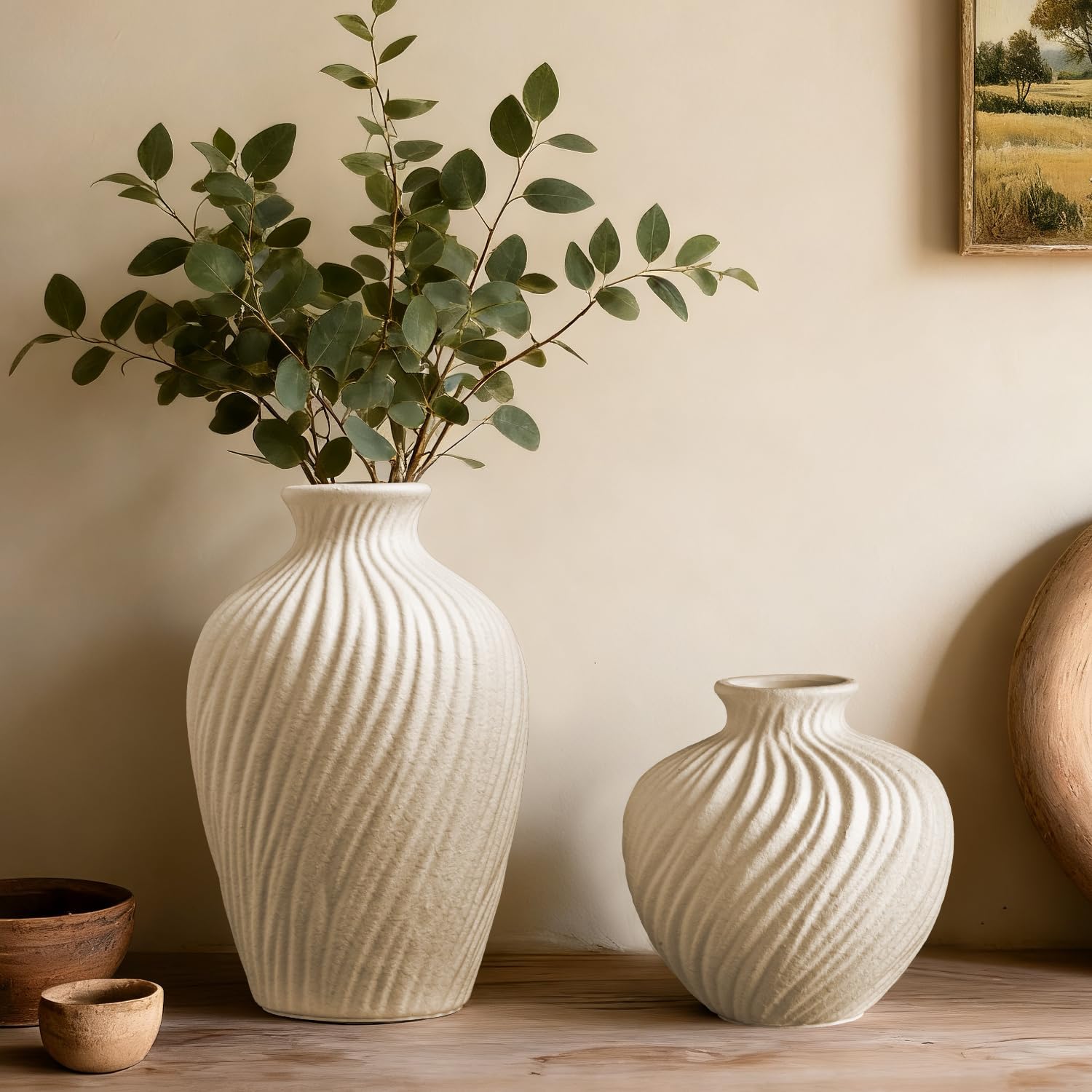 White Ceramic Vase Set of 2 - Modern Flower Vases for Home Decor - Rustic Textured White Vase for Living Room Decor - 8.65×5.5 & 5.5×5.5 Inch Round Vases for Dining Table Centerpiece Decoration