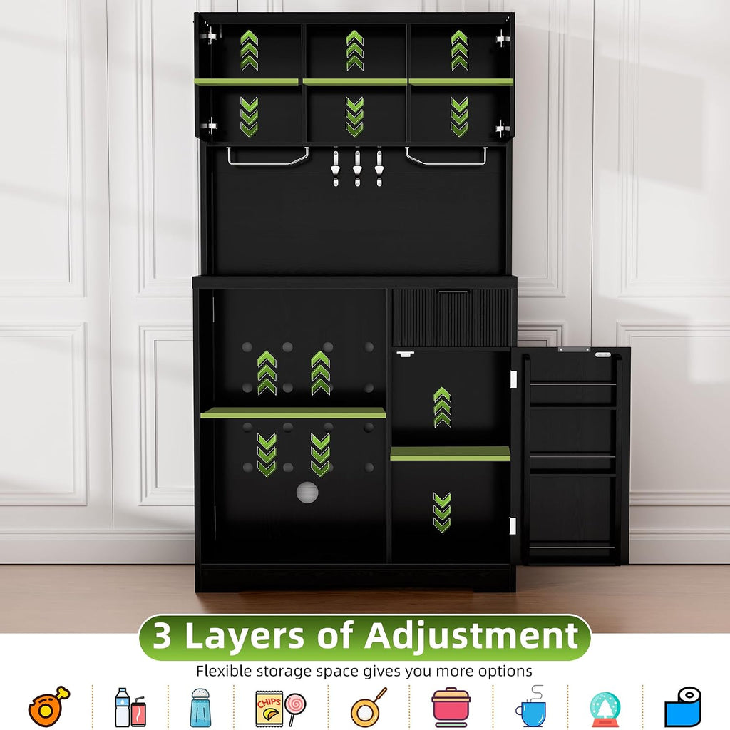 Saudism Coffee Bar Cabinet with Mini Fridge, 72" Tall Wood Mini Fridge Cabinet with Storage, RGB Light, Cup Holder, for Home Kitchen Dining Room, Black