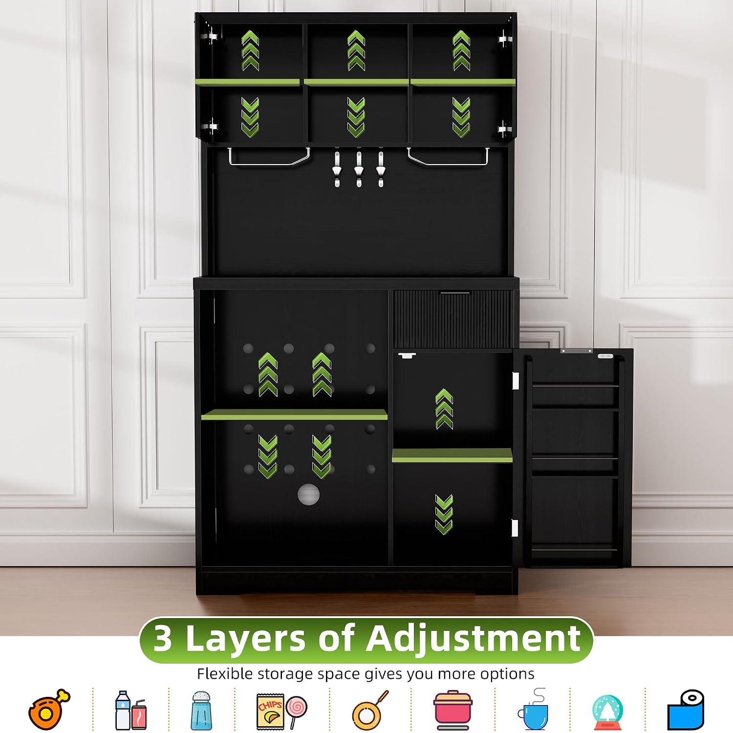 Saudism Coffee Bar Cabinet with Mini Fridge, 72" Tall Wood Mini Fridge Cabinet with Storage, RGB Light, Cup Holder, for Home Kitchen Dining Room, Black
