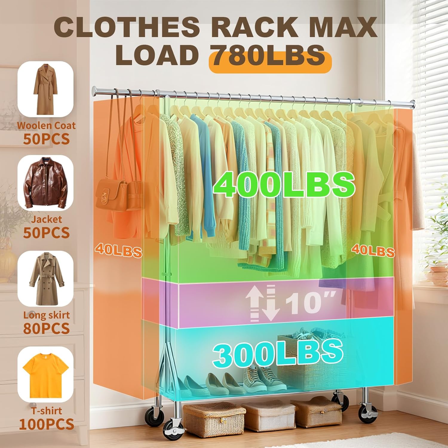 TigerParty Heavy Duty Clothes Rack for Hanging Clothes, Rolling Garment Rack, Adjustable Free Standing Organizer with Wheels, Space-Saving Design for Bedroom Laundry Living Room (Silver)