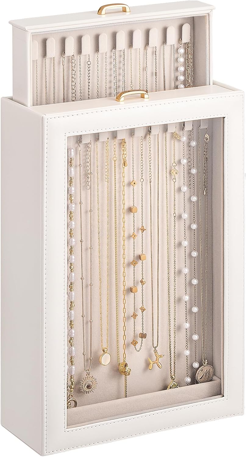 Lolalet Necklace Organizer Box, Jewelry Storage Box with Clear Window for Necklaces Bracelets, Tangle-Free Necklace Display Case for Women Girls, White, 2 Layers 20 Hooks