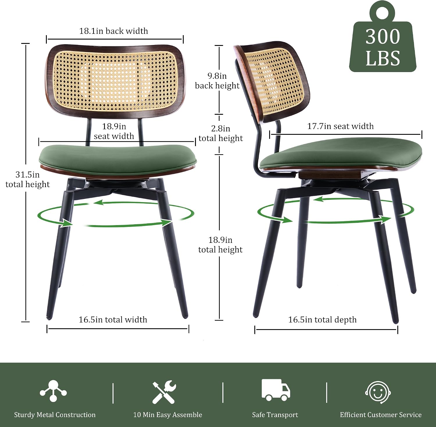 Swivel Dining Chairs with Rattan Back, Modern Green Leather Dining Chairs Set of 2, Swivel Dining Room Chairs Kitchen Side Chairs with Metal Legs and Upholstered Seat for Kitchen & Restaurant