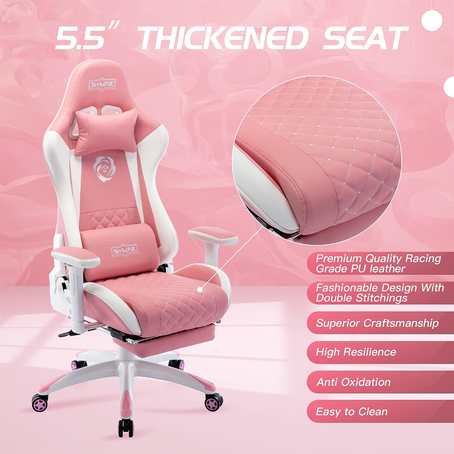 S*MAX Gaming Chair with Footrest Thicken Seat Ergonomic Gaming Chair with 3D Armrest PU Leather Gamer Chairs for Adults Headrest Lumbar Support Gaming Chairs for Adults Pink Large