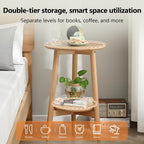 Side Table, Small Round End Table with 2-Tier Shelf, Solid Wood Nightstand for Living Room Bedroom, Mid Century Modern Accent Table for Small Spaces, Natural 19.49" D x 24.02" H