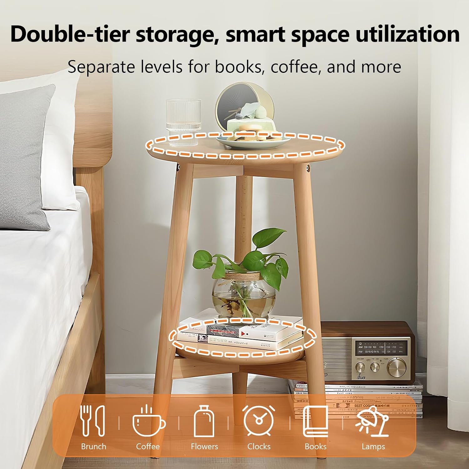 Side Table, Small Round End Table with 2-Tier Shelf, Solid Wood Nightstand for Living Room Bedroom, Mid Century Modern Accent Table for Small Spaces, Natural 19.49" D x 24.02" H