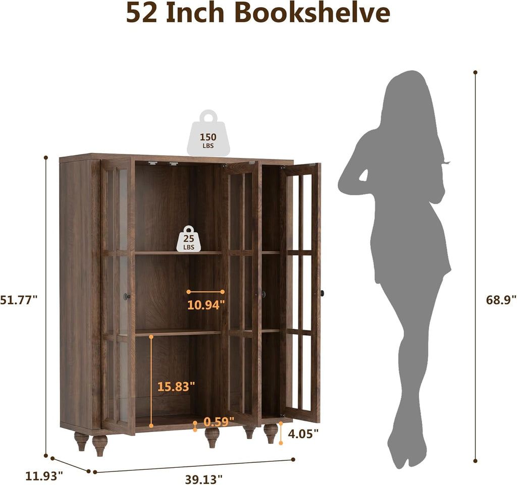51“ Glass Display Cabinet, Curio Display Cabinet with 3 Glass Doors & Movable Shelves, China Cabinet Cedenza Storage Cabinet Bookcase Kitchen Pantry Cabinet for Collectibles (1, Cracked Oak, 51 Inch)