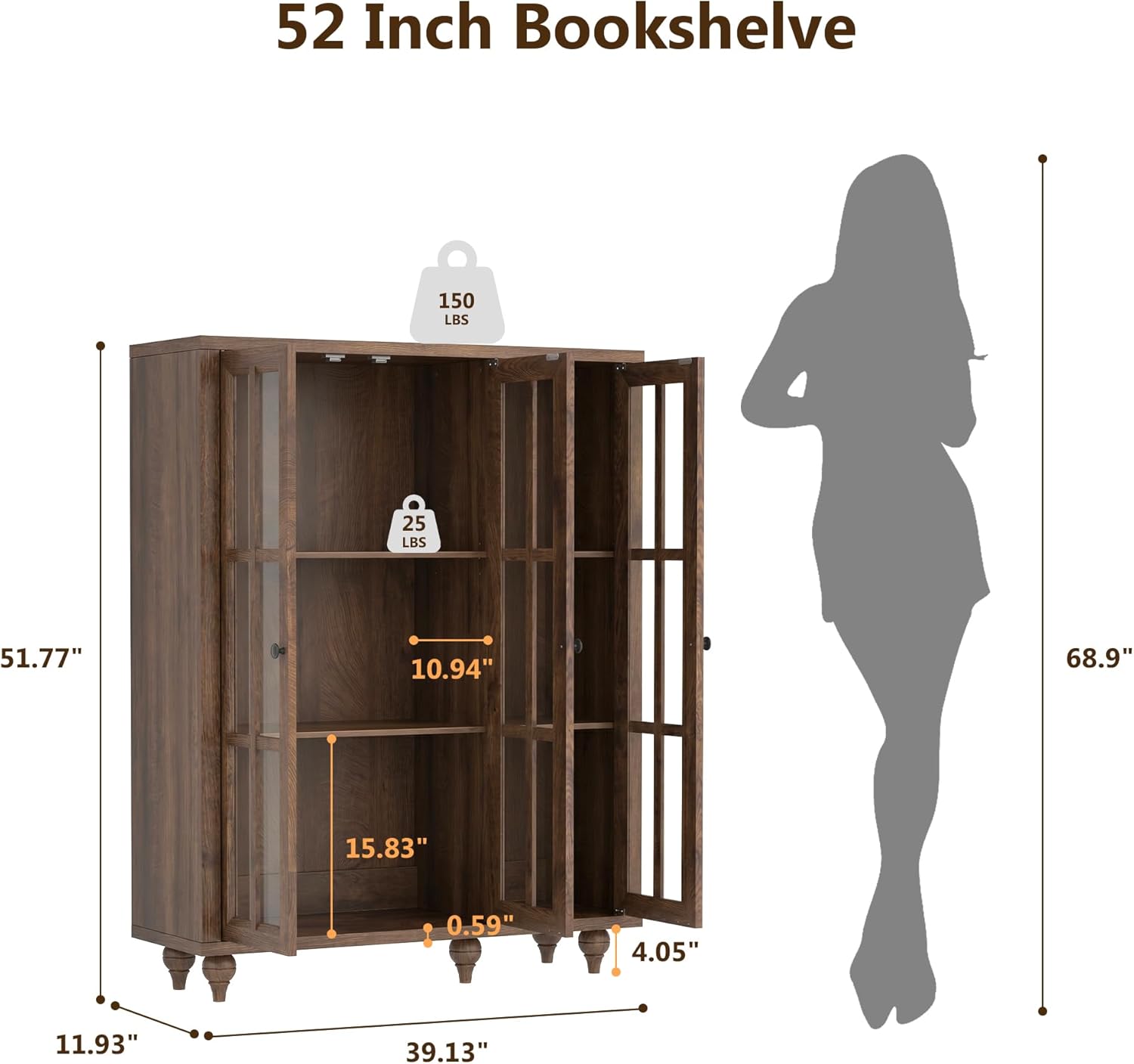51“ Glass Display Cabinet, Curio Display Cabinet with 3 Glass Doors & Movable Shelves, China Cabinet Cedenza Storage Cabinet Bookcase Kitchen Pantry Cabinet for Collectibles (1, Cracked Oak, 51 Inch)