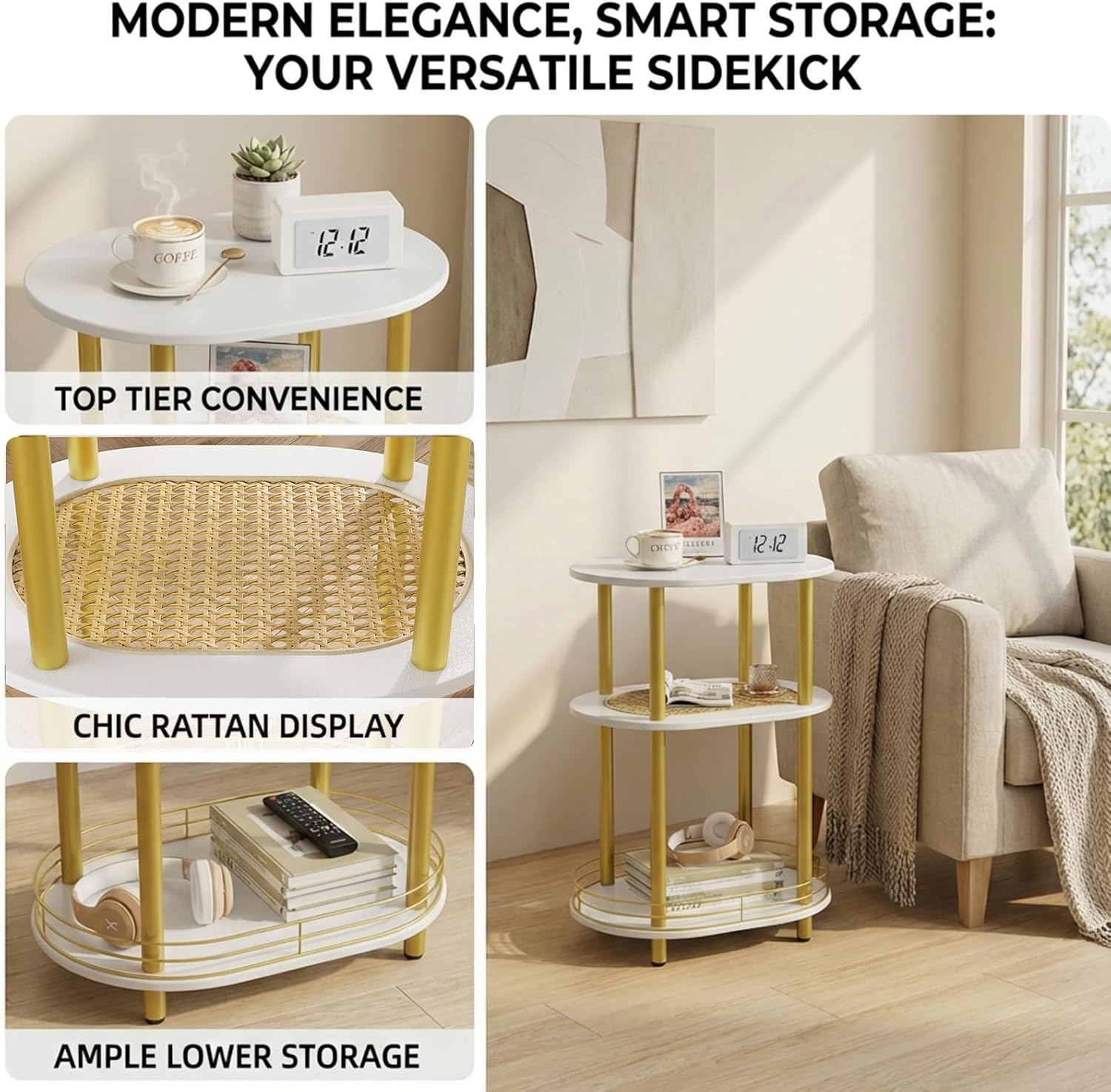 Small Rattan Side/Accent Table with Storage, 3 Tier Round/Oval End Table with Rattan Shelf & Metal Basket, Boho Nightstand, Tool Free Assembly/Screw-Hole Free Tabletop-Living Room Bedroom-Black