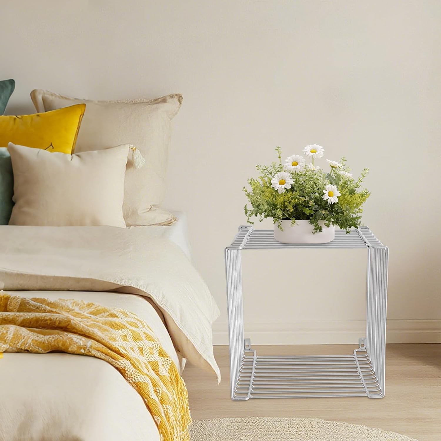 Side Table, Square Geometry Side Table, Linear Metal End Table for Living Room, Bedroom, Small Spaces (Silver)