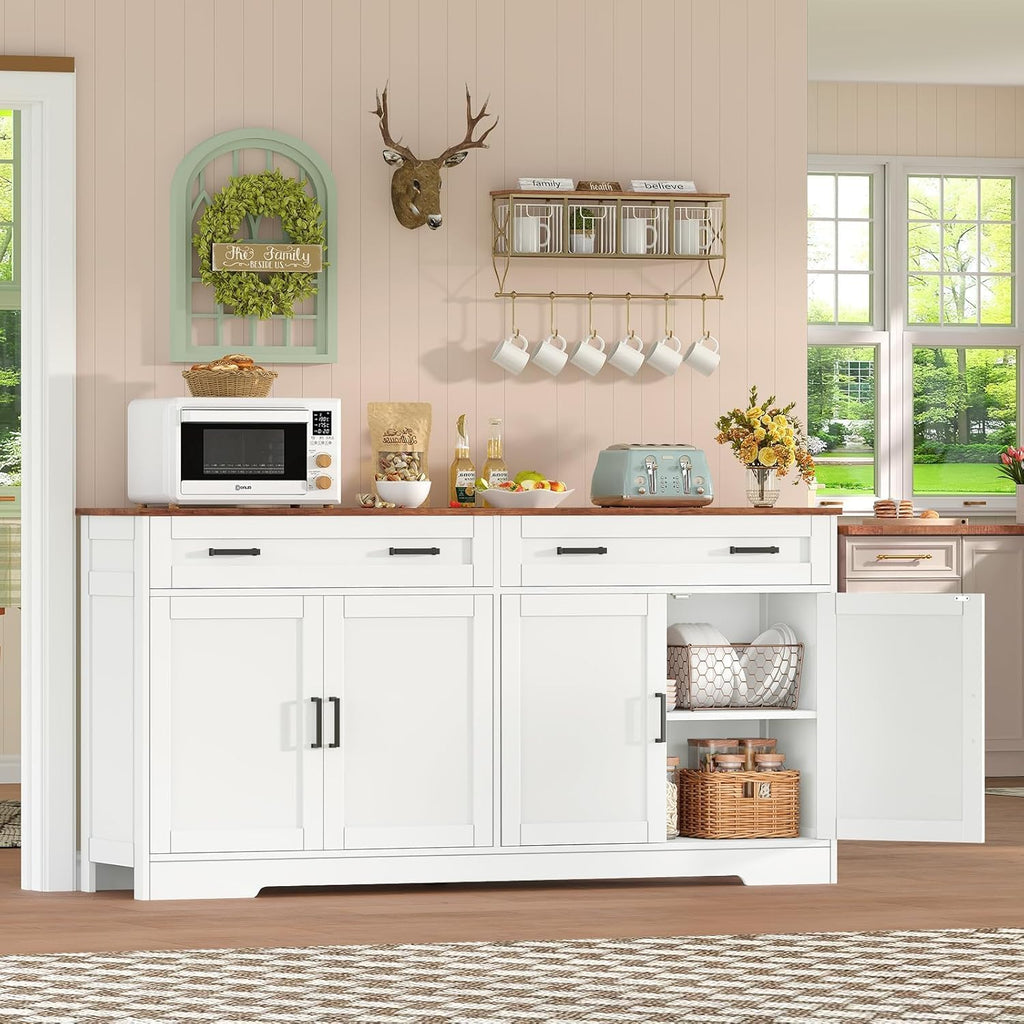 Buffet Cabinet with Storage, Drawers & Adjustable Shelves, 55" Large Sideboard with Doors, Modern Coffee Bar Cabinet for Kitchen or Living Room, White