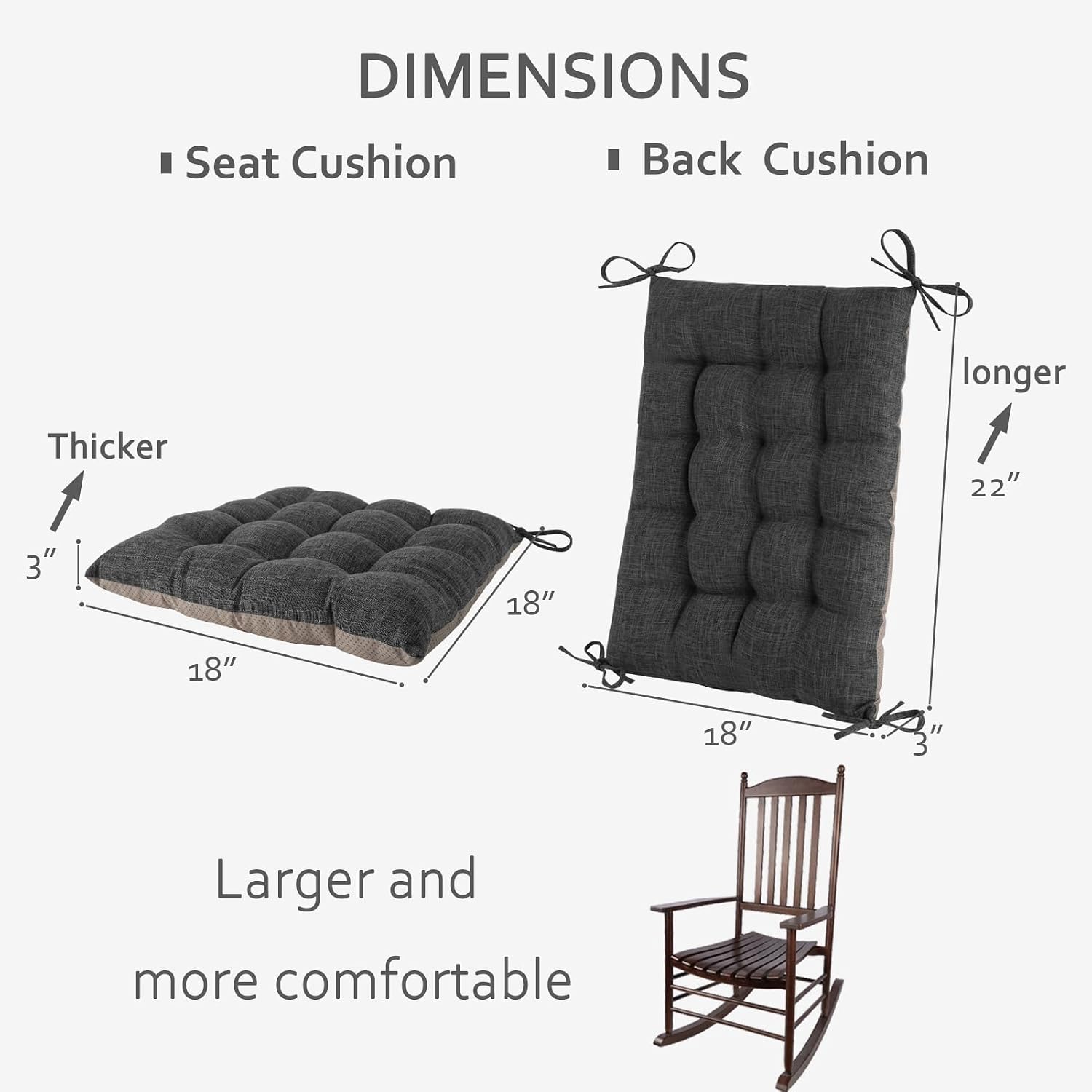 ELFJOY Extra Large Rocking Chair Cushion Non-Slip Linen Chair Pads Thick Back and Seat Cushion 2 Piece Set with Ties