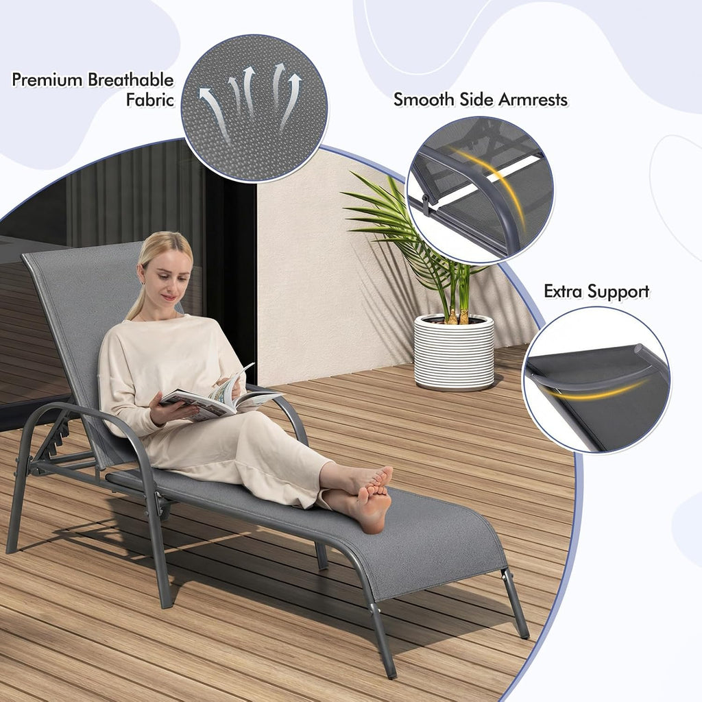 Tangkula Outdoor Lounge Chairs Set of 2, Patio Chaise Lounge with Adjustable Backrest, Reclining Pool Lounge Chairs for Outside with Heavy Duty Steel Frame for Beach, Yard, Balcony, Poolside