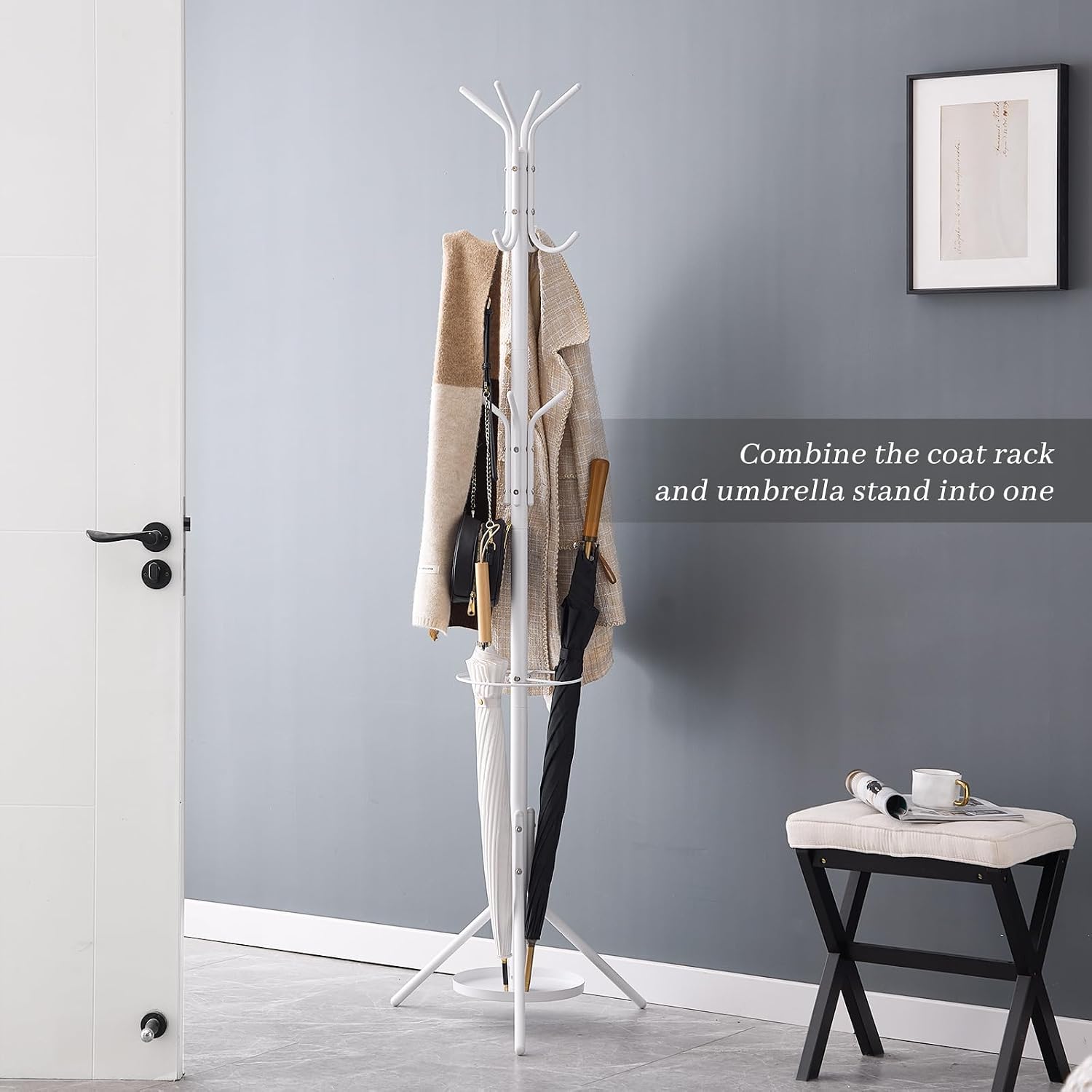 Kitsanery Coat Rack Freestanding,Metal Coat Tree with Umbrella Holder,Hat and Coat Rack Stand for Entryway, Hallway, Living Room, Bedroom (White)