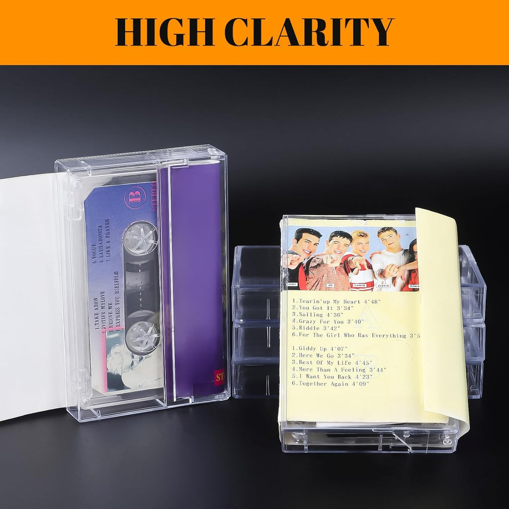 Snado 10-Pack Cassette Tape Storage Cases & Holder - Clear Plastic Audio Cassette Organizer with Anti-Scratch/Dust Protection, Classic Norelco-Style Replacement Boxes (4.28" L x 2.75" W x 0.6" H)