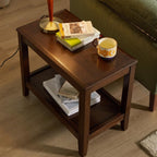 Solid Wood End Table with Storage Shelf, 2-Tier Rustic Side Table for Living Room, Walnut Rubber Wood Sofa Table, Small Space Nightstand or Indoor Plant Stand