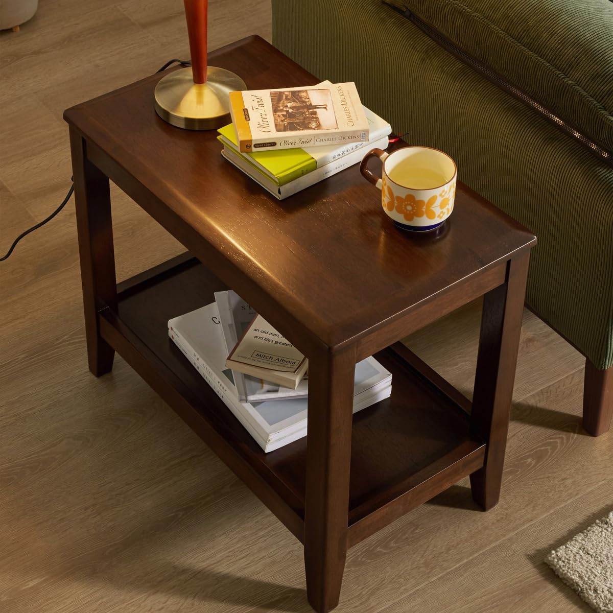 Solid Wood End Table with Storage Shelf, 2-Tier Rustic Side Table for Living Room, Walnut Rubber Wood Sofa Table, Small Space Nightstand or Indoor Plant Stand