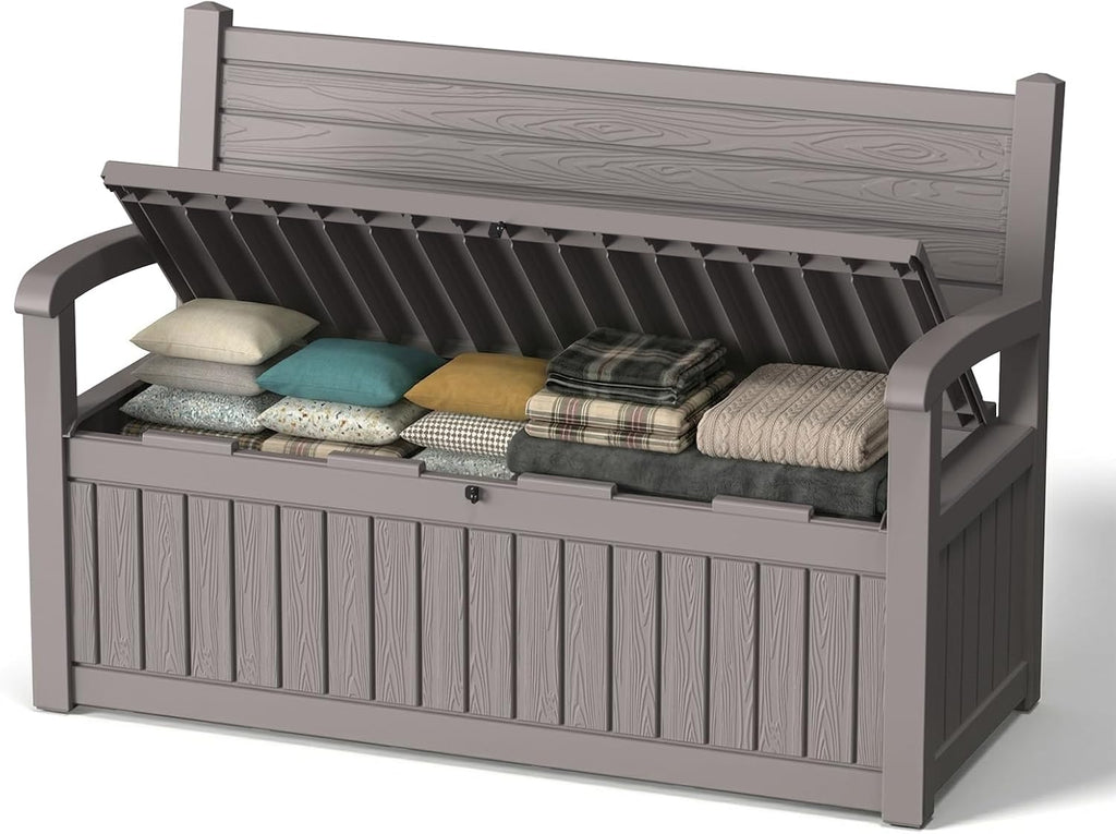 Vixzen 80 Gallon Outdoor Storage Bench, Lockable All-Weather Resin Seating with Hidden Storage Deck Box, Waterproof Patio Furniture for Pool Garden (Grey-Wood Grain)