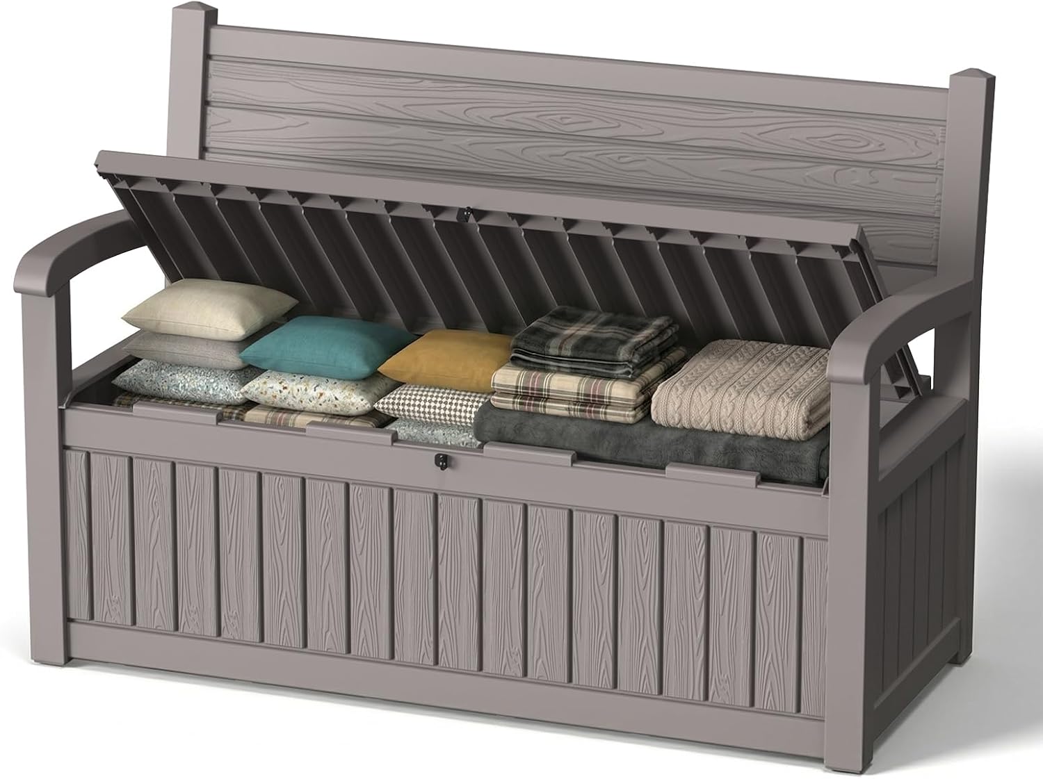 Vixzen 80 Gallon Outdoor Storage Bench, Lockable All-Weather Resin Seating with Hidden Storage Deck Box, Waterproof Patio Furniture for Pool Garden (Grey-Wood Grain)