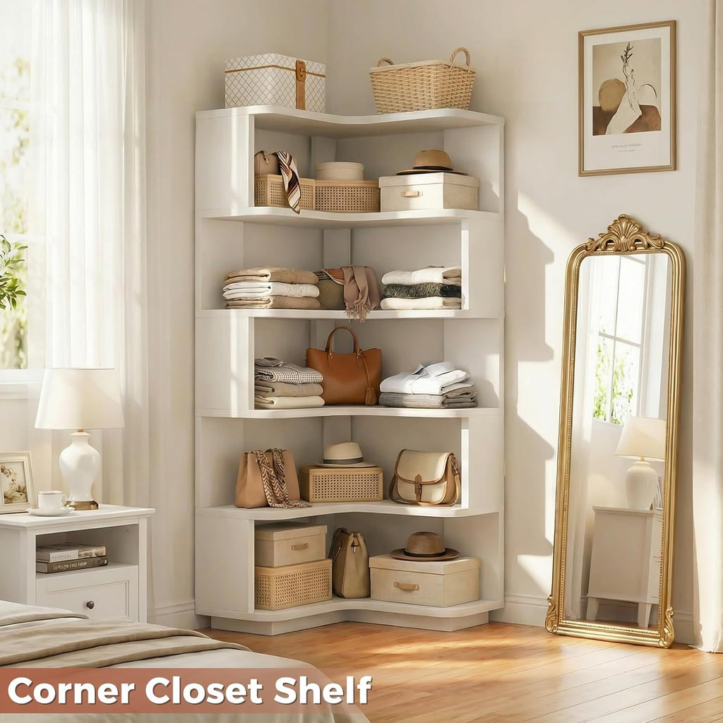 Besiost Corner Book Shelf, 6-Shelf Corner Bookshelf for Small Corner Spaces, L-Shape Bookcase Corner Display Shelf for Home Office, Living Room, Bedroom, White