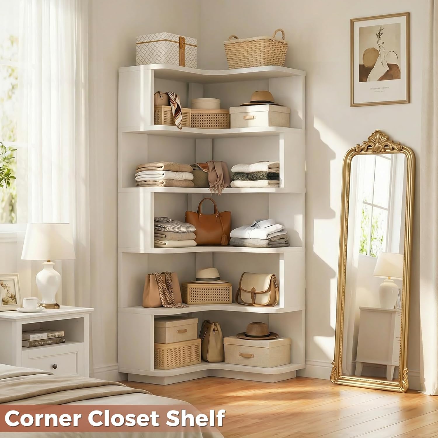Besiost Corner Book Shelf, 6-Shelf Corner Bookshelf for Small Corner Spaces, L-Shape Bookcase Corner Display Shelf for Home Office, Living Room, Bedroom, White