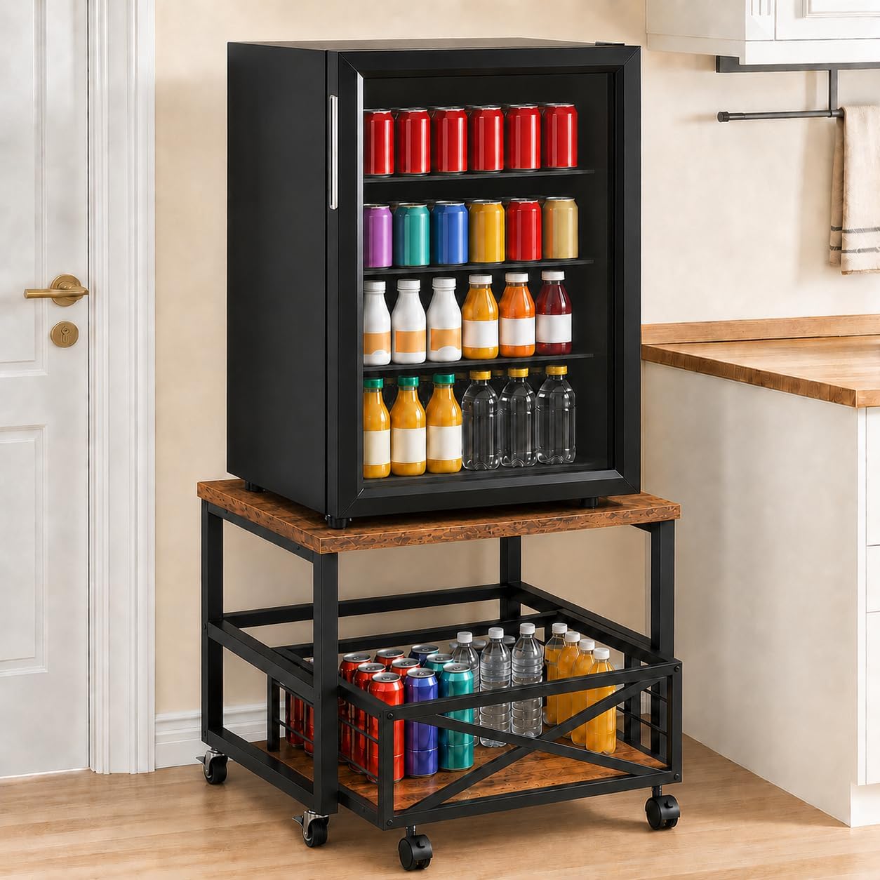 Mini Fridge Stand with Storage Shelf and Wheels, Rolling Mini Fridge Cart, Heavy Duty Refrigerator Stand for Mini Fridge, Dorm Room, Bedroom, Office, Rustic Brown